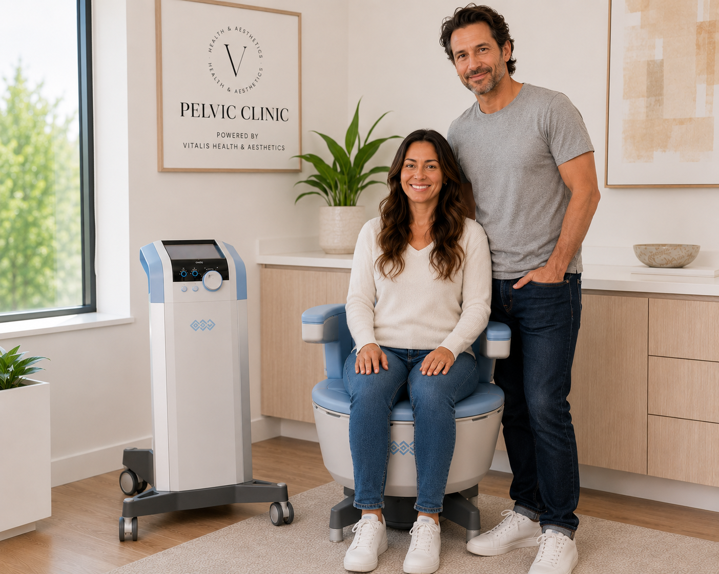 Couple with the EMSELLA chair at Pelvic Clinic