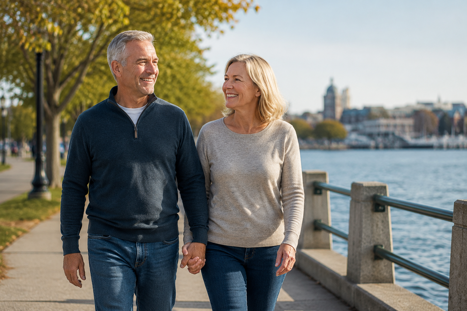 Active, confident adults laughing together outdoors