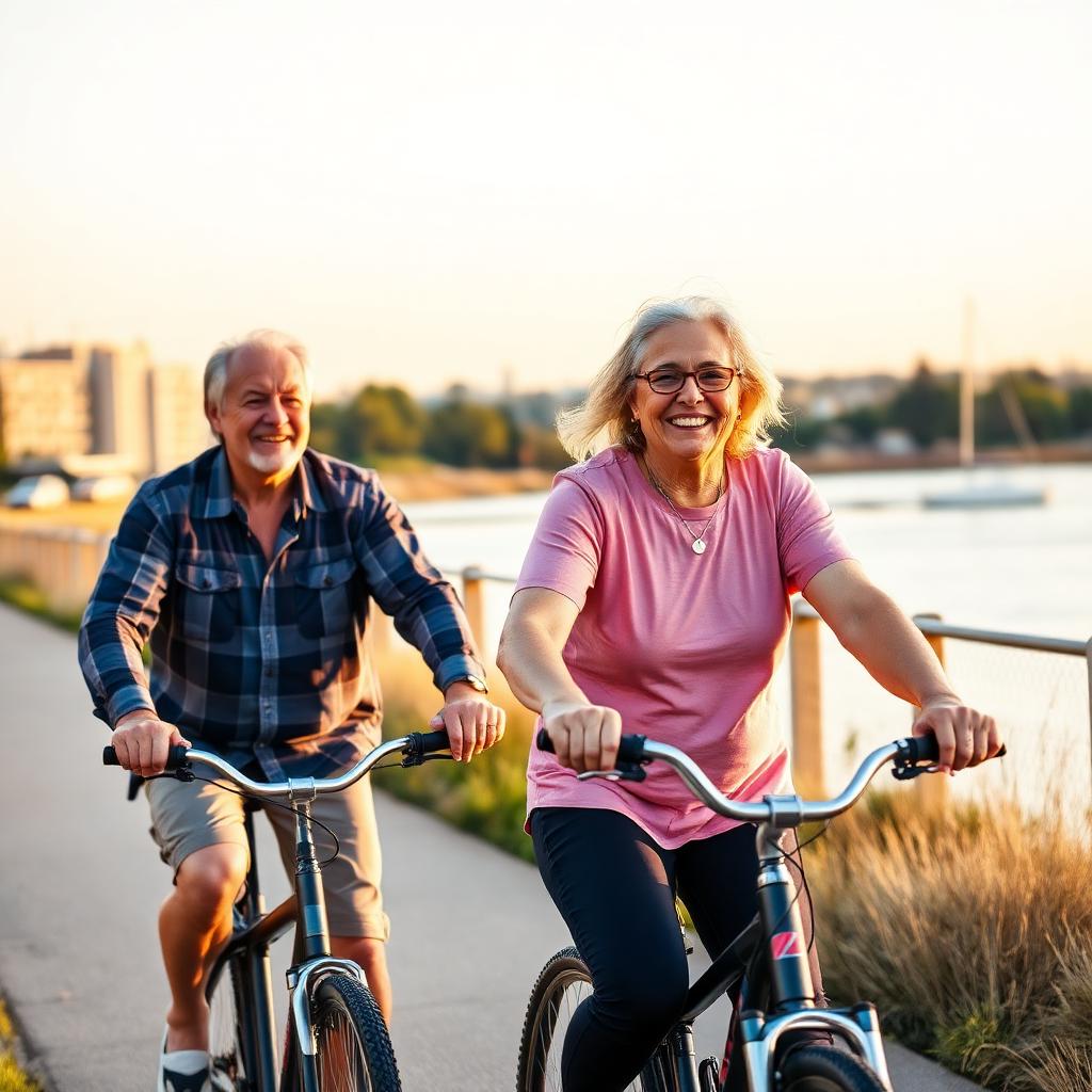 Confident active couple cycling along a waterfront trail at golden hour