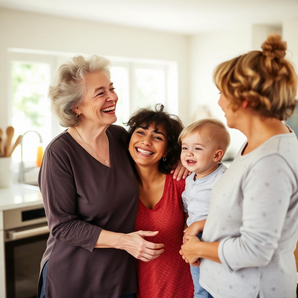 Three generations laughing together in a bright kitchen
